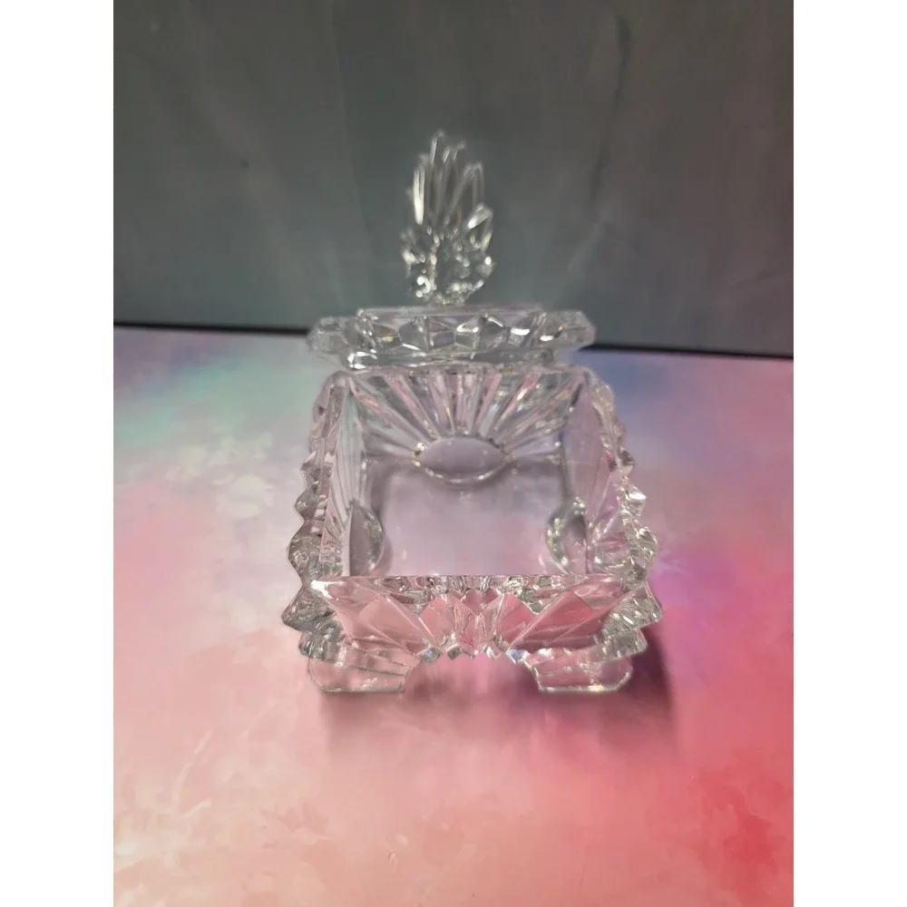 Vintage clear cut glass trinket box with a lid, Chip On Finial See Pics